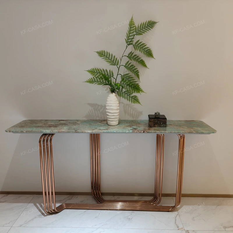 Teal Green Stone Console Table with Parallel Tubular Rose Gold Metal Base